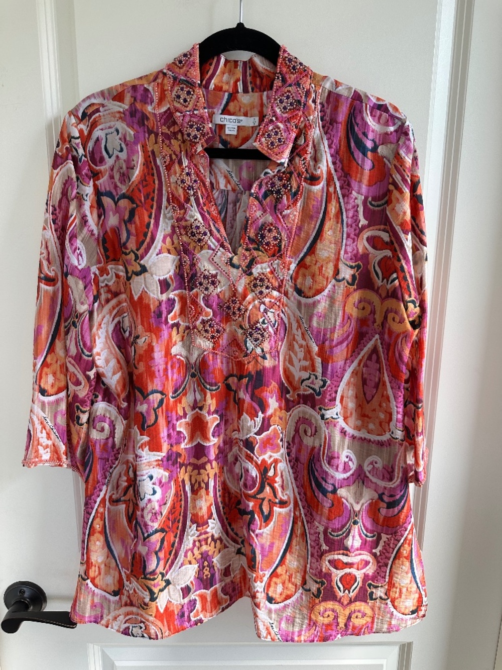 Chico's Paisley Ikat Beaded Tunic Top Orange Pink Purple Size 2 US12